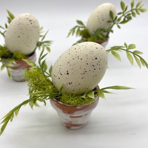 May include: Three decorative speckled eggs in small terracotta pots, surrounded by green moss and sprigs of greenery. The pots have a white-washed effect, creating a rustic and natural aesthetic. Perfect for Easter or spring decor.
