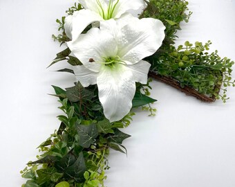 Easter Cross Wreath, Christian Door Hanger with Lily Flower, Greenery Catholic Home Decor, In Loving Memory Accent, Funeral Grave Wreath