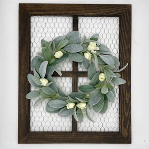 Window Frame with Lambs Ear Wreath, Modern Farmhouse Wall Decor, Chicken Wire Frame, Wooden Frame with Greenery, Spring Home Staging Decor