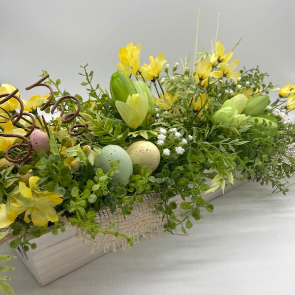 Easter Centerpiece for Dining Table, Spring Arrangement with Speckled Eggs, Farmhouse Long White Wooden Planter, Fake Flowers Home Decor