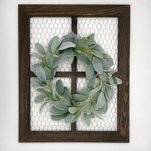 Wooden Window Frame with Lambs Ear Wreath, Chicken Wire Frame Home Decor, Farmhouse Fireplace Wall Decoration, Everyday Wall Rustic Decor