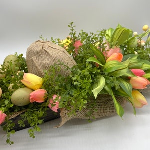 Easter Centerpiece for Dining Table, Faux Eggs Spring Arrangement, Rustic Farmhouse Planter with Tulips, Greenery Easter Mantel Decoration