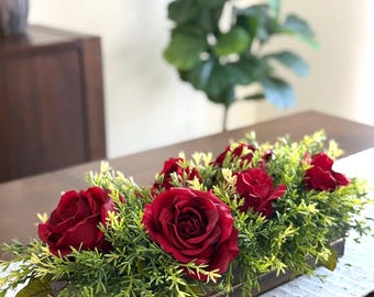 Red Roses Table Centerpiece, Realistic Floral Arrangement, Fake Flowers in Long Wooden Planter Box, Living Room Decor, Valentines Day Gift