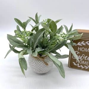 Sage Plant in White Ceramic Pot, Fake Plants Coffee Table Decor, Artificial Herbs Kitchen Counter Decoration, Farmhouse Greenery Planter