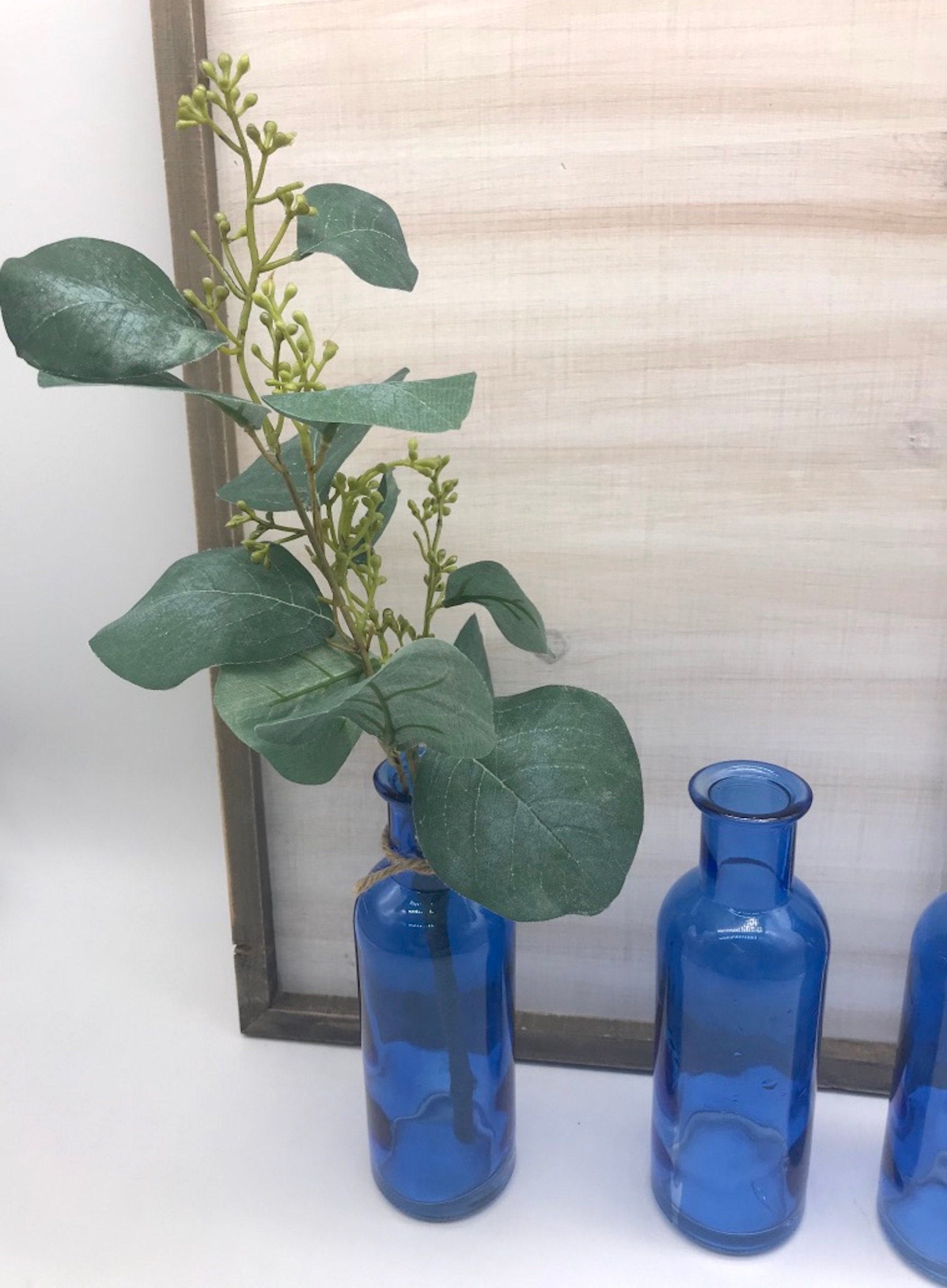 Blue Glass Vase with Eucalyptus Stem Faux Eucalyptus Tall Etsy