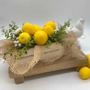 Lemon Tier Decor, Small Wooden Crate with Fake Lemons, Artificial Fruit Tiered Tray Decoration, Lemon Themed Accent, Summer Kitchen Counter