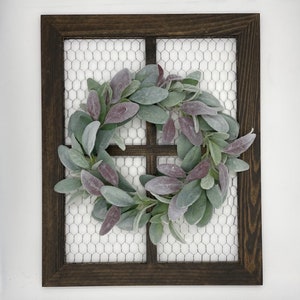 Window Frame with Lambs Ear Wreath, Modern Farmhouse Wooden Frame, Mantel Shelf Wall Decoration, Primitive Hanger, Rustic Hanging Home Decor