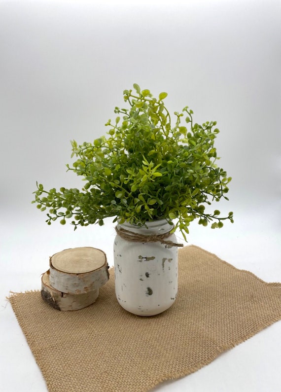 Primitive Fake Plant in White Mason Jar, Artificial Greenery in