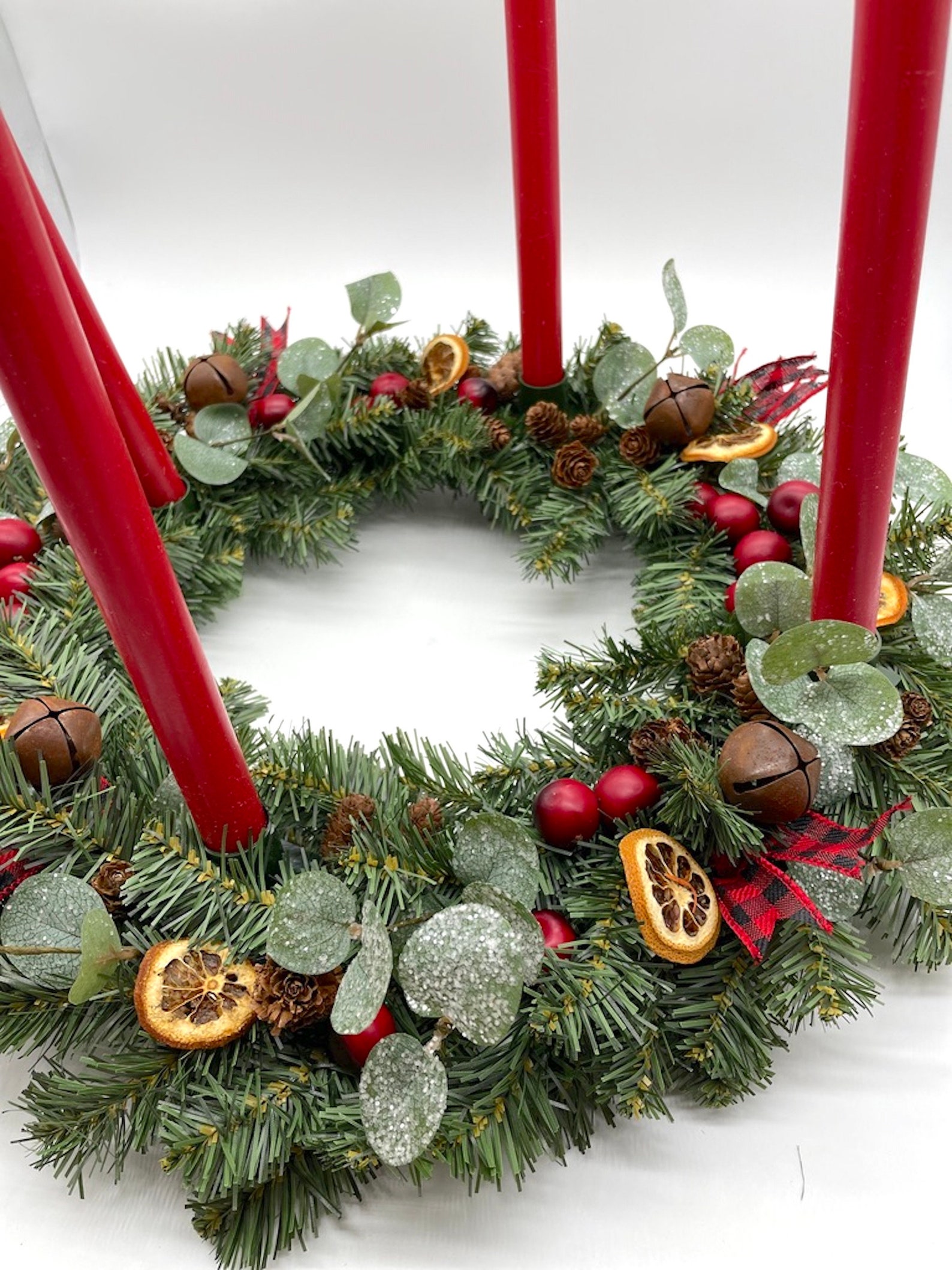 Advent Wreath for Dining Table, Christmas Centerpiece with Advent Candles, Xmas Evergreen Farmhouse Arrangement