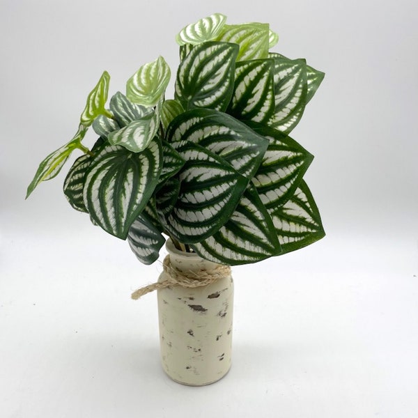 Big Leaf Fake Plants in Distressed Glass Vase, Modern Farmhouse Shelf Decor, Faux Greenery Bathroom Accent, Artificial Plant Bottle for Tier