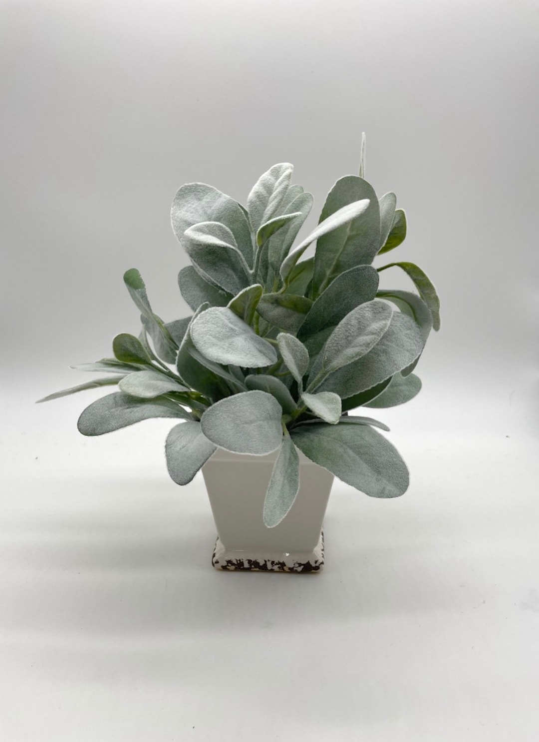 Lambs Ear in Square Ceramic Pot, Small Fake Plants, Artificial Plant