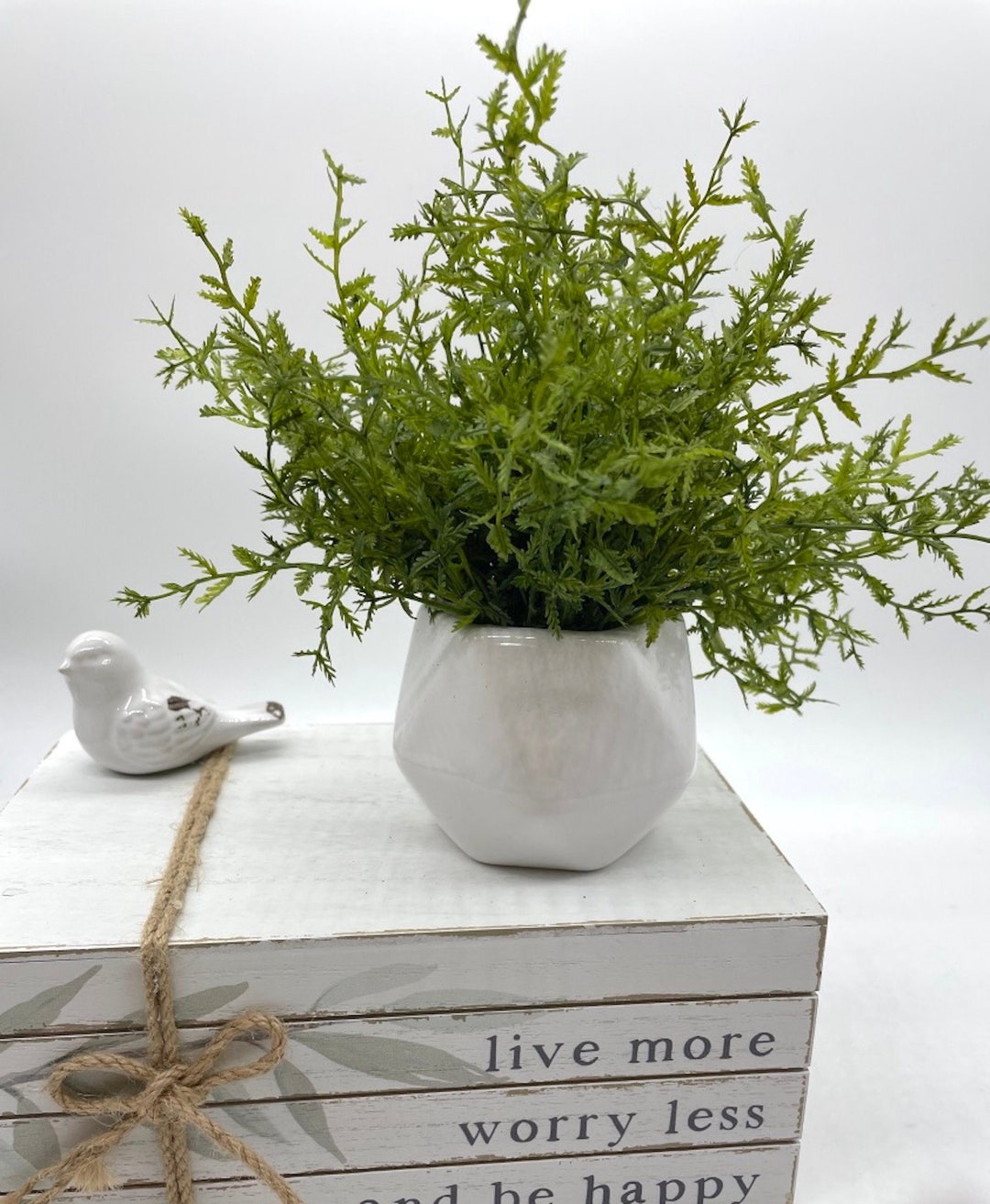 Small Fake Plant in White Geometric Pot, Artificial Plant Bathroom