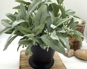 Arreglo de salvia artificial en jarrón de cerámica negra, pequeño jarrón verde para mesa de centro, decoración con plantas artificiales, maceta para hierbas aromáticas para encimera de cocina