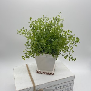 Puede incluir: Una pequeña planta verde artificial en una maceta cuadrada blanca con base marrón desgastada, sobre tres bloques de madera blancos atados con cuerda de yute, con el texto impreso: live more, worry less, and be happy.