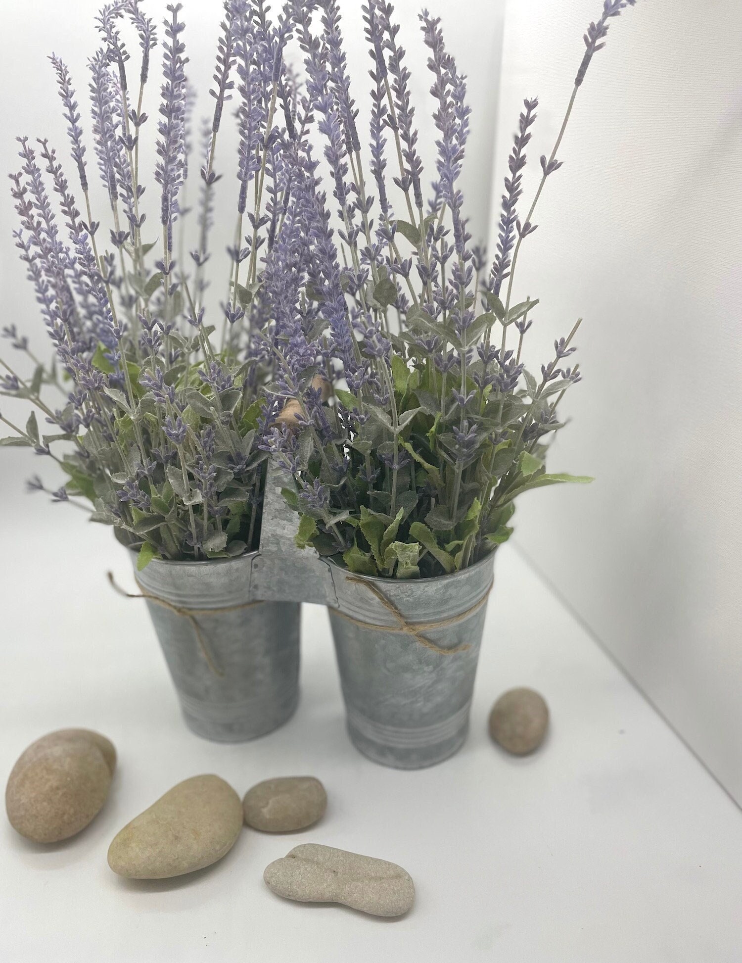 Lavender Arrangement in Metal Planter, Faux Lavender Plant for Kitchen Table, Fake Flowers Mantel Decoration, Modern Farmhouse Spring Decor