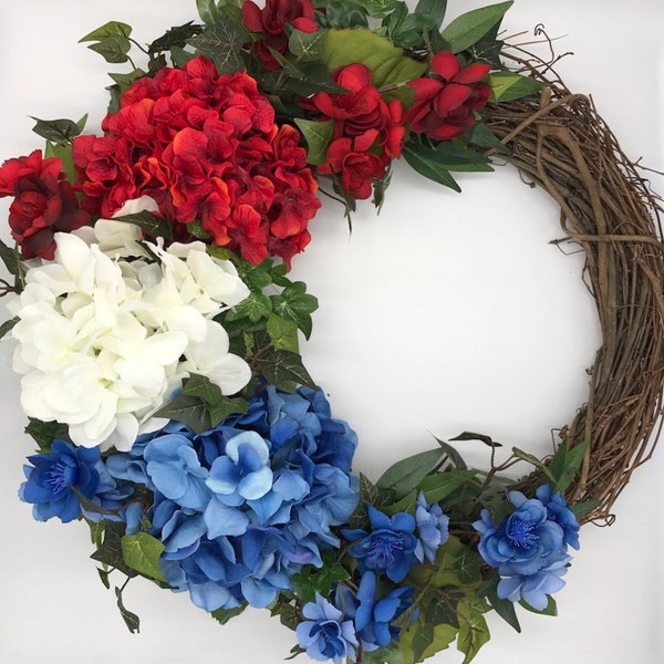 4th of July Wreath, Patriotic Wreath, Summer Americana Door Decor, Memorial Day Theme Home Decoration, Red White Blue Fake Flowers Hanger