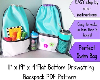 Drawstring Backpack Swim Bag with Flat Bottom PDF Pattern
