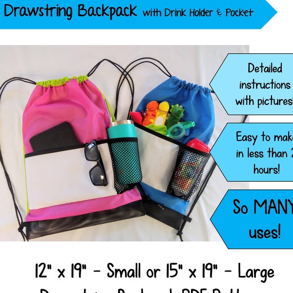 Kid's Drawstring Bag Backpack with water bottle holder PDF Pattern