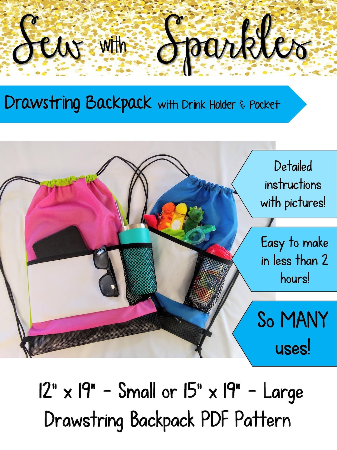 Kid's Drawstring Bag Backpack With Water Bottle Holder PDF Pattern