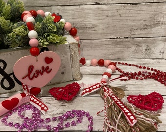 Farmhouse Rustic Valentines Wood Bead Garland & Mini Rolling Pin