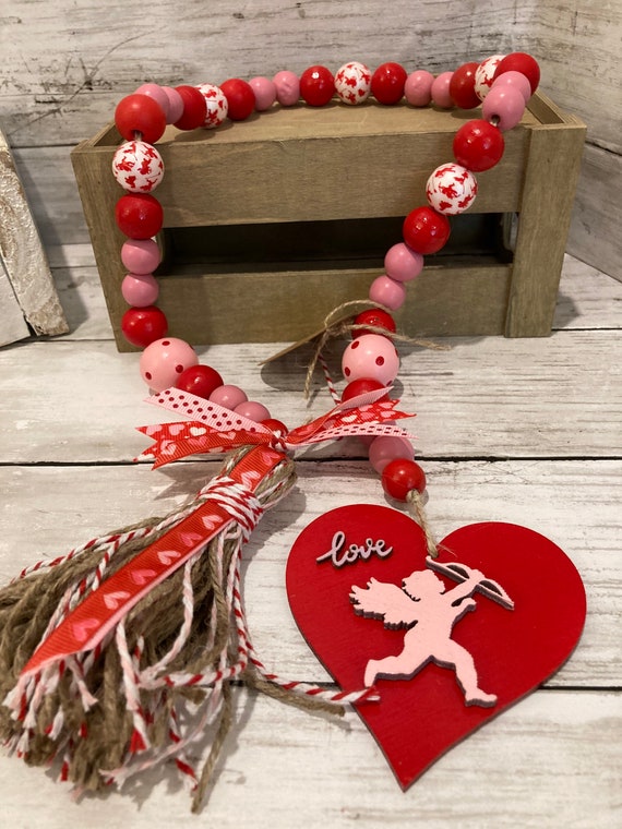 Rae Dunn Inspired Valentine's Day Heart Red White Farmhouse Wood Bead  Garland