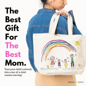 Sac fourre-tout personnalisé : oeuvre d'art d'enfant - souvenir unique, sac en toile personnalisé, cadeau personnalisé pour maman, dessin d'enfant à porter, cadeau de fête des mères