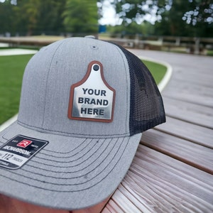cow cattle tag metal and Leatherette Patch Hats, cattle tag,  Logo Hats, Laser Engraved Leather Patch custom ranch hat