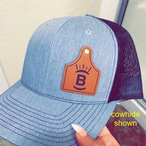 cow cattle tag Leatherette Patch Hats, cattle tag,  Logo Hats, Laser Engraved Leather Patch, Company Logo Hat, Personalized Mens Hats,