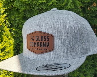 Laser Engraved Leather Patch Hat, Flat Brim Snapback, Company Logo