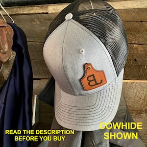 Your custom brand  Leather Ear Tag Trucker Hat Personalized with Your Unique Brand on the Cattle Tag Richardson 112 yupoong 6606