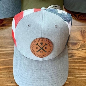 American flag Leatherette Patch Hats, Logo Hats, Laser Engraved Leather Patch, Richardson 112 Hat, Company Logo Hat, Personalized Mens Hats