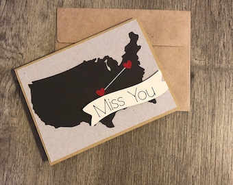 Miss You Card- Customize map- American Map- Great for Long Distance Friend or Family- Blank Inside- Earth tones