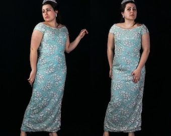 Stunning Vintage 50's beaded, iridescent sequined, lace bombshell teal dress/gown