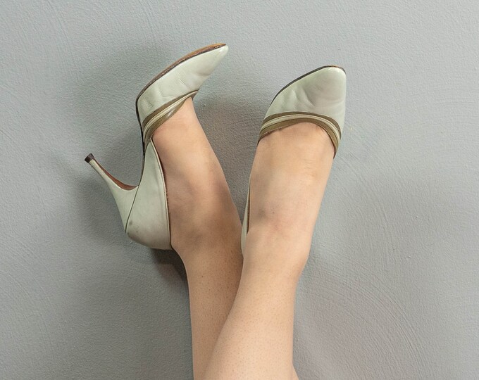Chic 50s/60s Cream Leather Stilettos Heels, Pointed Toes, Taupe Stripe Details, US Size Etsy