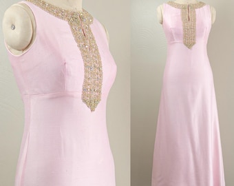 1960s Pink Silk Column Maxi Dress, Gold Trim, Rhinestone, Mod Evening Gown, Small