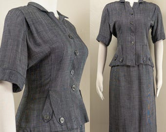 1950s Gray Cotton Skirt Suit, Plaid Jacket and Pencil Skirt, Small