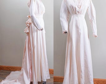 1940s Blush Pink Wedding Dress, Victorian Style, Detachable Bustle Train, 1930s, Medium