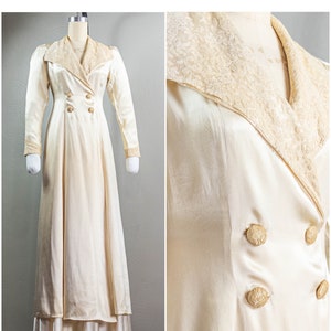 Stunning 30s/40s Cream Silk Satin Trench Styled Peignoir Robe, Tambour Lace, Bridal