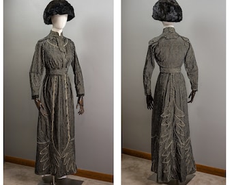 Antique Silk Velvet Edwardian Walking Dress: Striped 1900s Gown, Lace Cuffs, XXS
