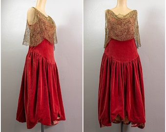 Wonderful Fuchsia Pink, Cotton Velvet, 20s Dress, Gold Lame Lace, Drapey, Fully Scalloped Skirt