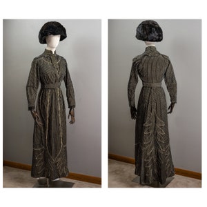 Antique Silk Velvet Edwardian Walking Dress: Striped 1900s Gown, Lace Cuffs, XXS