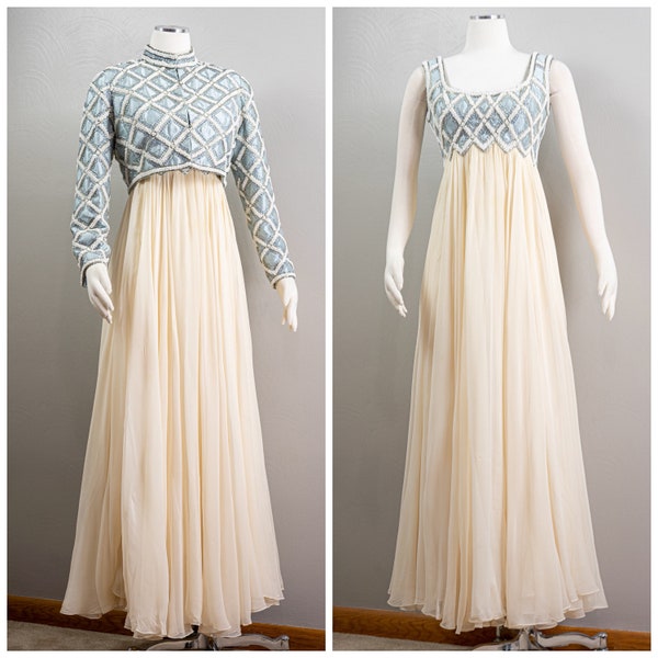 Incredible Beaded Empire Waist, 60s, Icy Blue and Cream Chiffon Gown, Matching Spencer Jacket