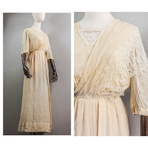 Antique 1910s Cream Silk Jacquard Dress: Chantilly Lace Asymmetric Gown, Small, As-is