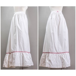 The Maria Antique White Cotton Petticoat, Embroidered Monogram on the Waist, Red Trim, Medium
