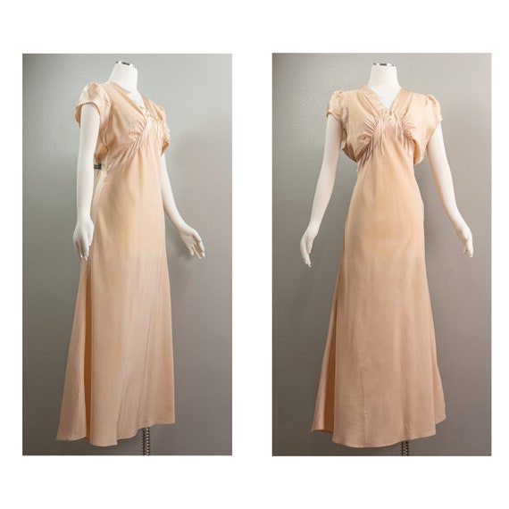 Vintage 1940s Nightie Pink Satin Nightgown with Train & Lace Trim Size M