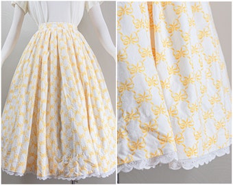 Cute Vintage Yellow Bow Printed Circle Skirt, Frilly Lace Hem, Homemade
