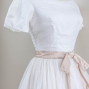 Darling 50s/60s White Cotton Organdy Party Dress, Taupe Satin Ribbon ...