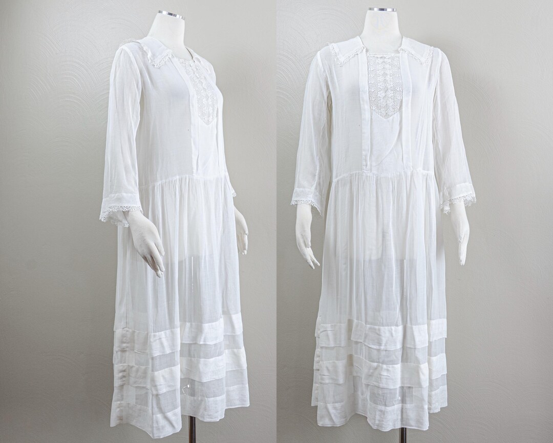 Antique 1910s 1920s Sheer Cotton Dress, Flapper Shift Dress, Lace Trim ...