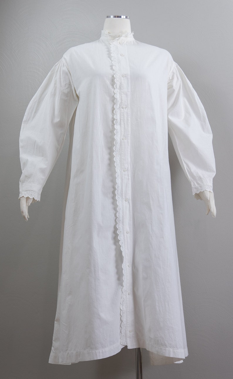 Antique Victorian Ca. 1860 Drop Shoulder White Linen Nightgown, Balloon Sleeves, Lace Trim, High Collar image 3