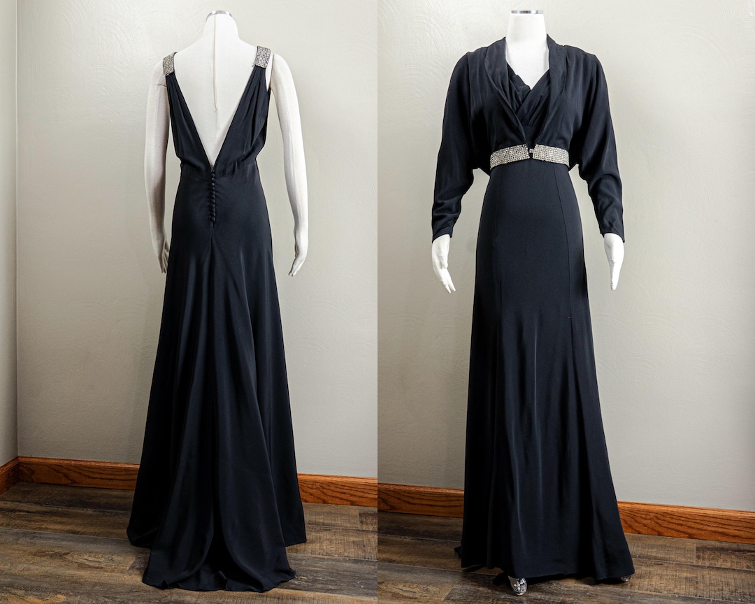 30s Black Crepe Evening Gown With Jacket: Rhinestone Alt Wedding Dress ...